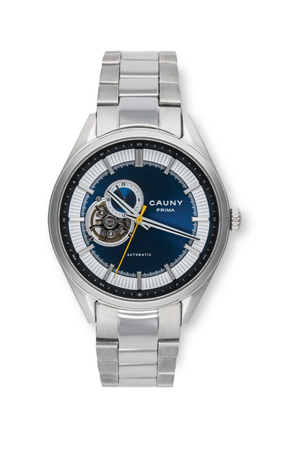RELÓGIO CAUNY PRIMA CORAÇÃO ABERTO AÇO AZUL